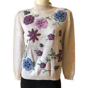 Alfred Dunner Vintage Floral Embroidered Turtleneck Long Sleeve Sweater - P. Med